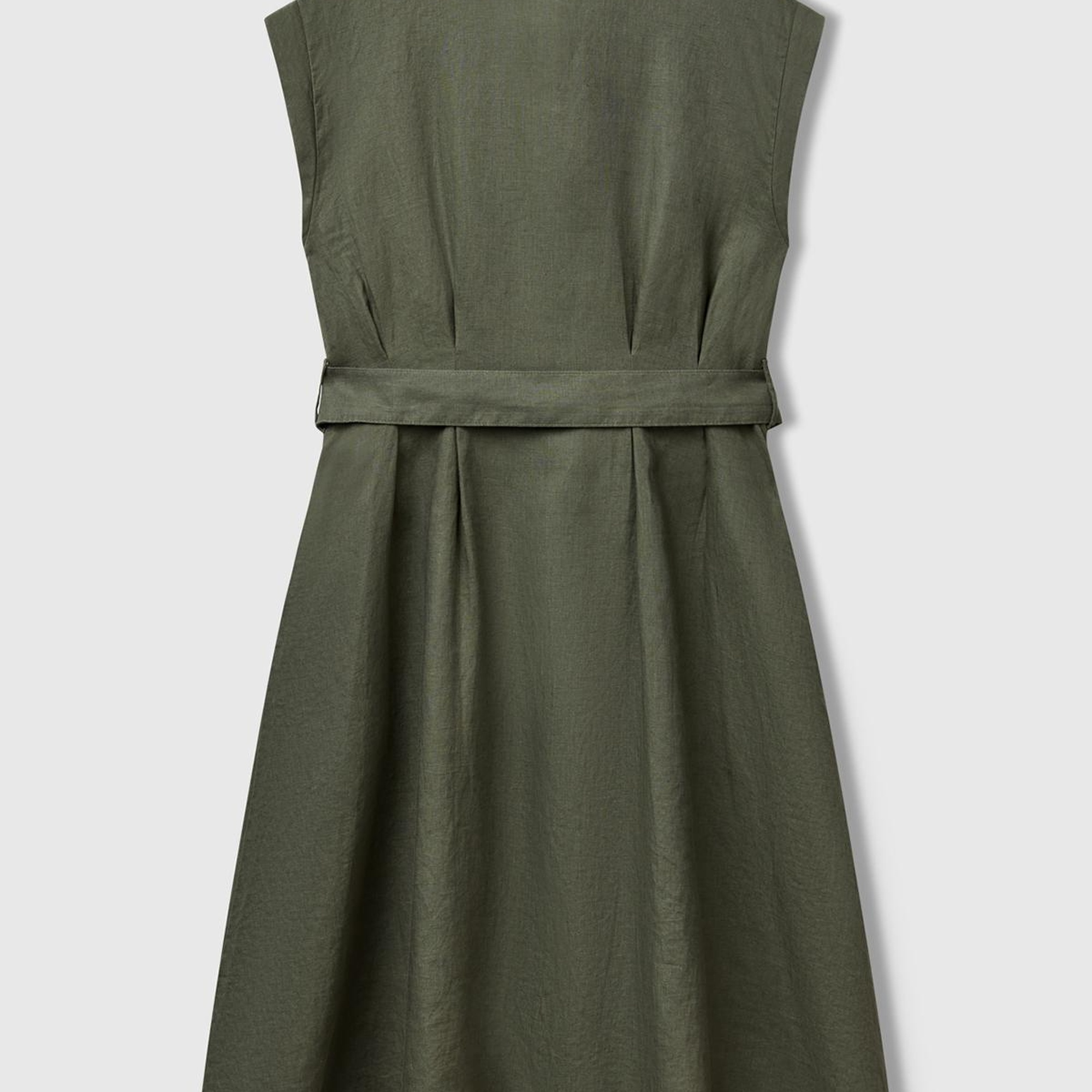 Kadın Haki %100 Keten Pileli Çıkarılabilir Kuşaklı Gömlek Elbise