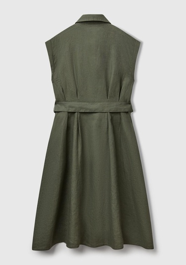  Kadın Haki %100 Keten Pileli Çıkarılabilir Kuşaklı Gömlek Elbise