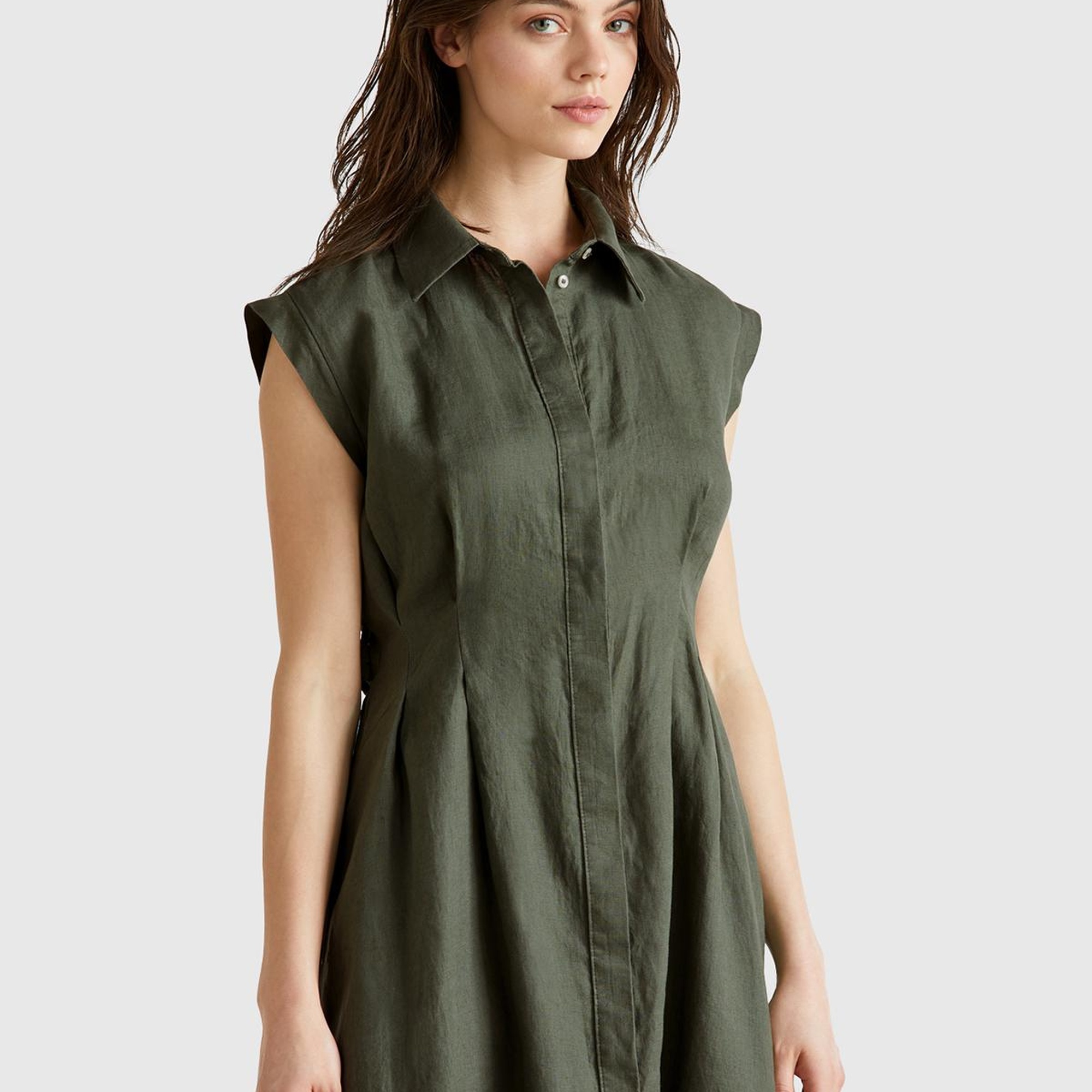 Kadın Haki %100 Keten Pileli Çıkarılabilir Kuşaklı Gömlek Elbise