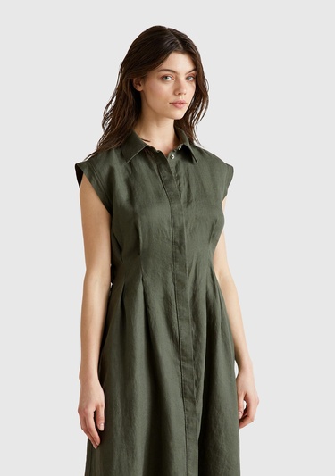  Kadın Haki %100 Keten Pileli Çıkarılabilir Kuşaklı Gömlek Elbise