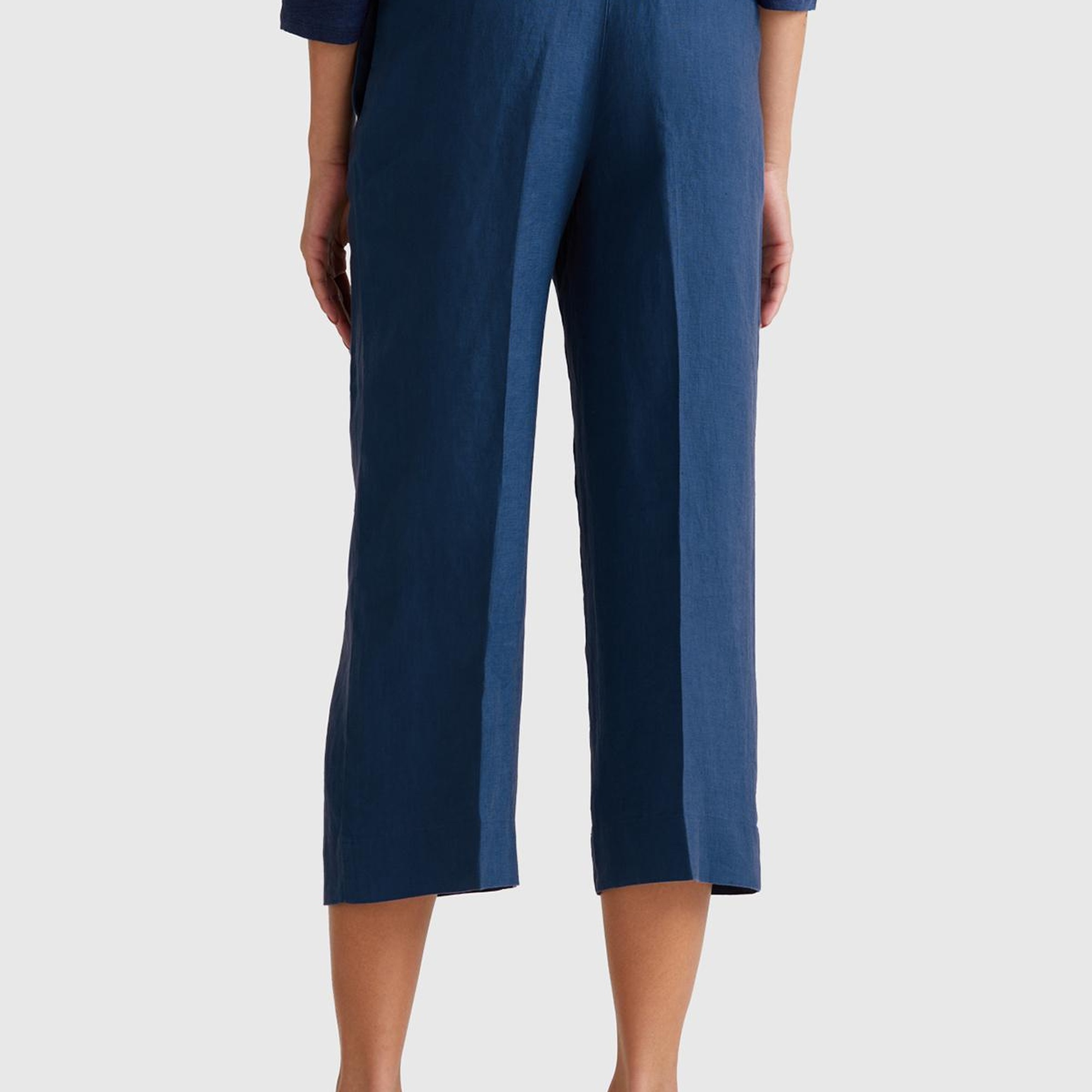 Kadın Denim %100 Keten Düğmeli Fermuarlı Paçası Kesik Kloş Pantolon