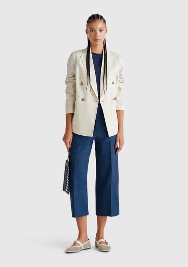  Kadın Denim %100 Keten Düğmeli Fermuarlı Paçası Kesik Kloş Pantolon