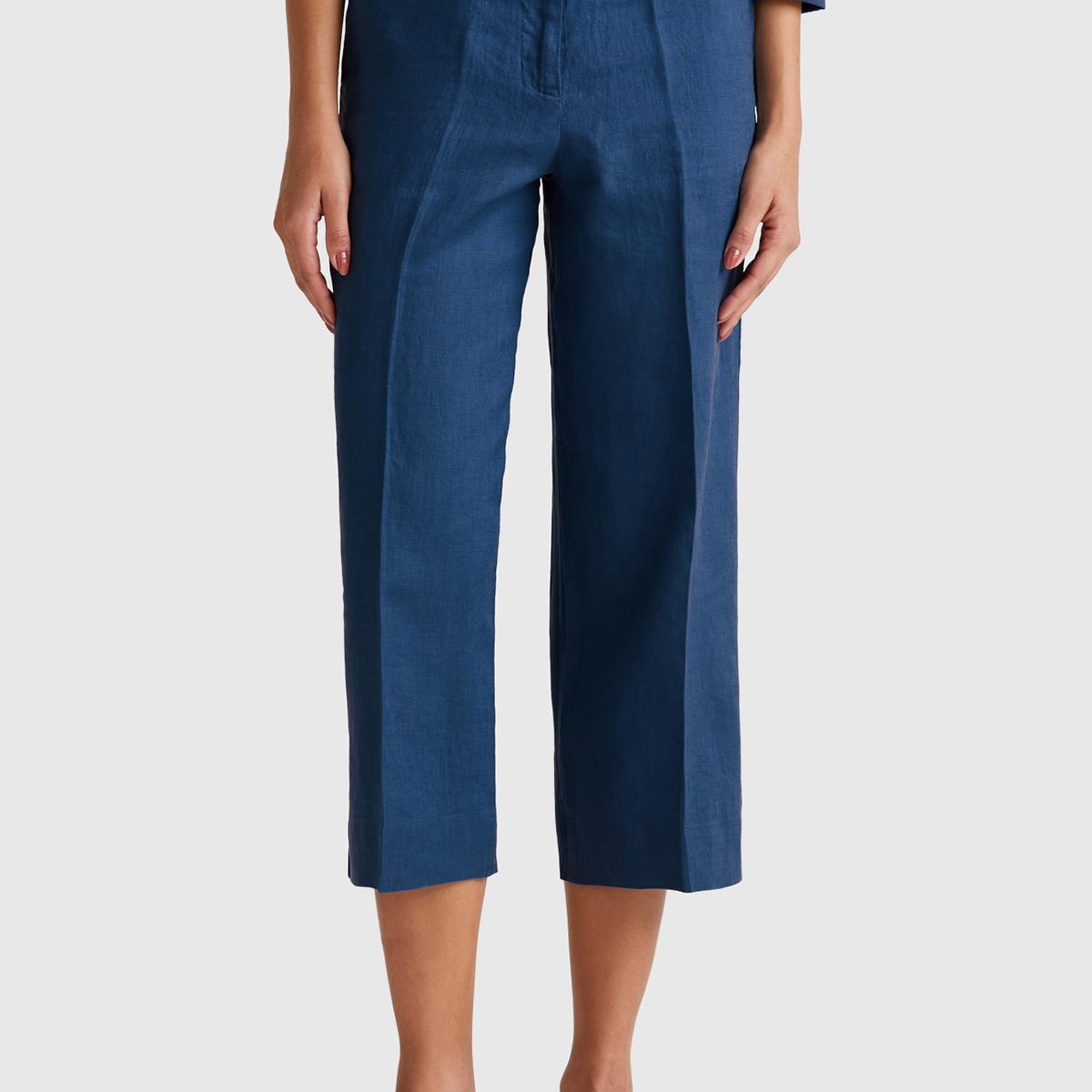 Kadın Denim %100 Keten Düğmeli Fermuarlı Paçası Kesik Kloş Pantolon