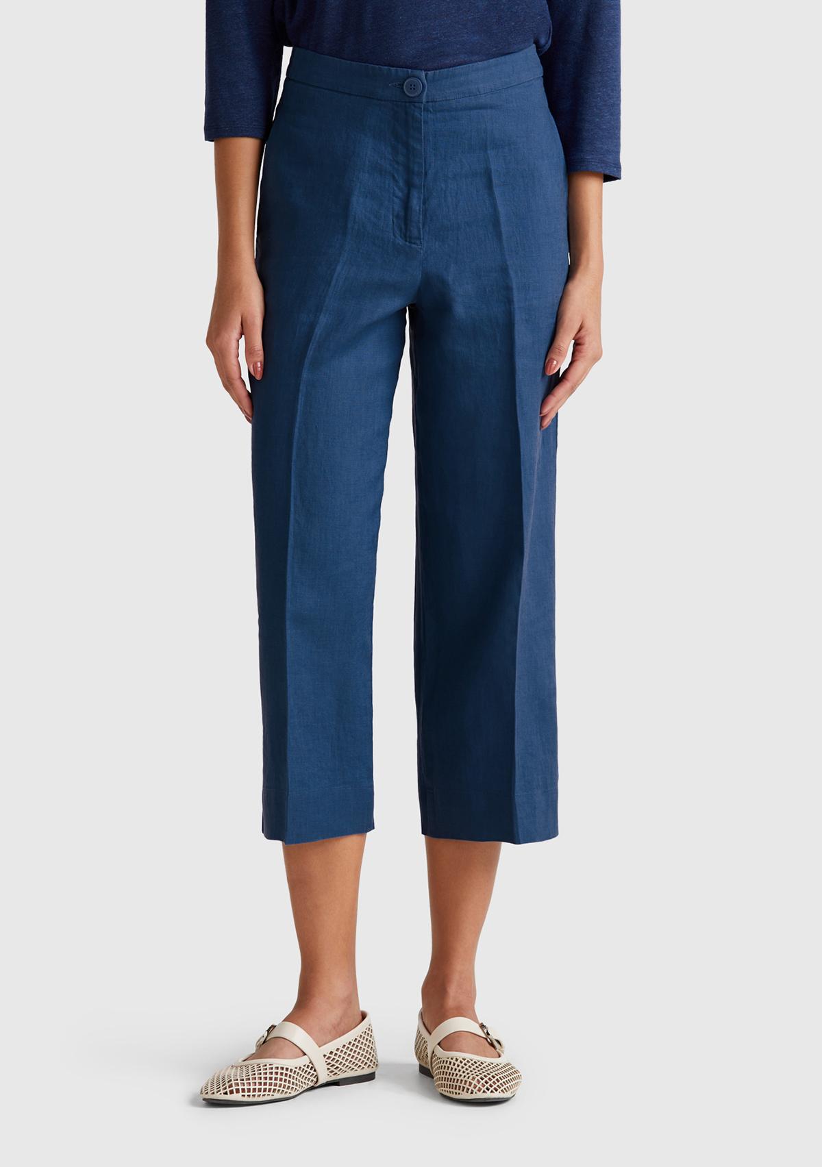  Kadın Denim %100 Keten Düğmeli Fermuarlı Paçası Kesik Kloş Pantolon