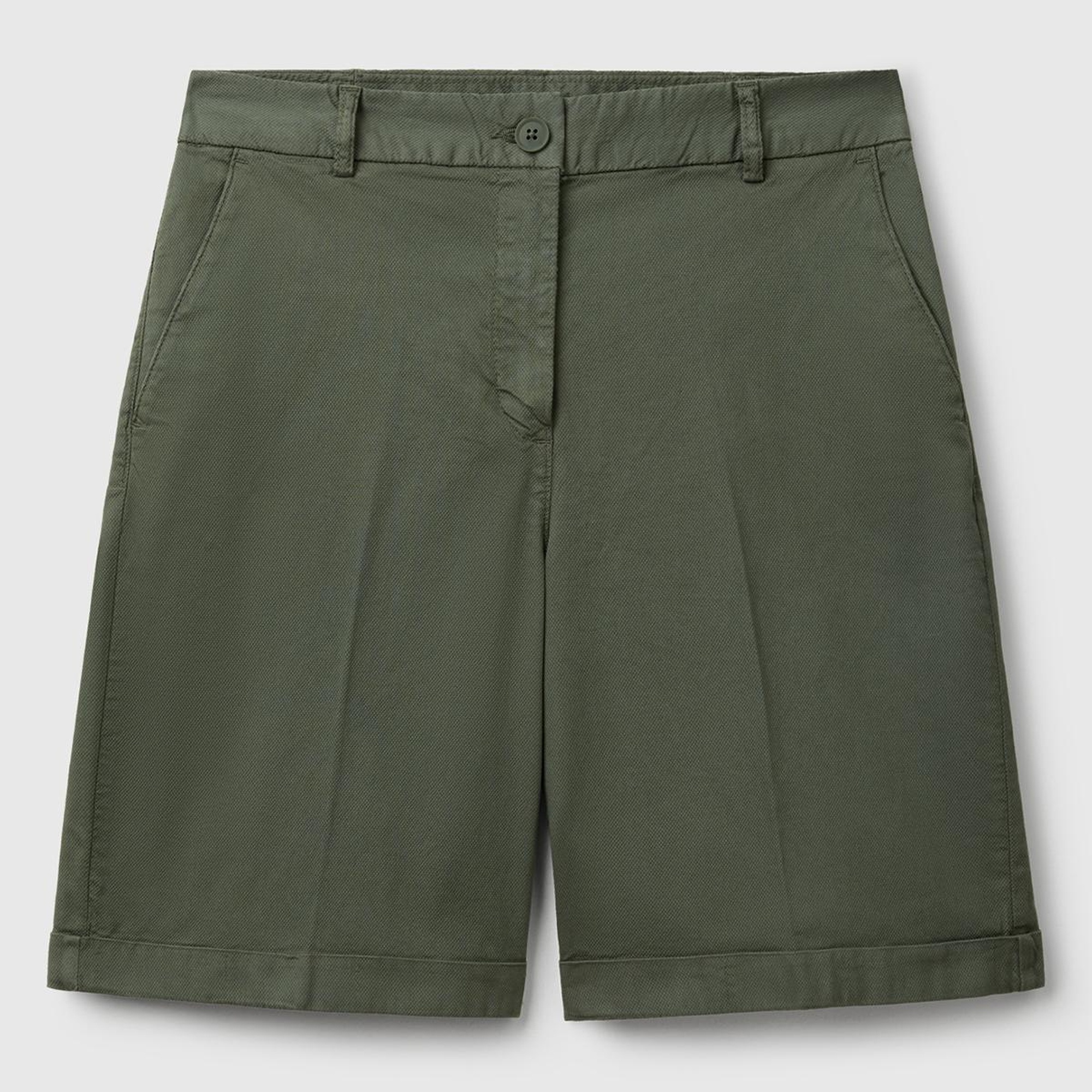 Kadın Haki Pamuk Karışımlı Önü Düğmeli Regular Fit Bermuda Şort