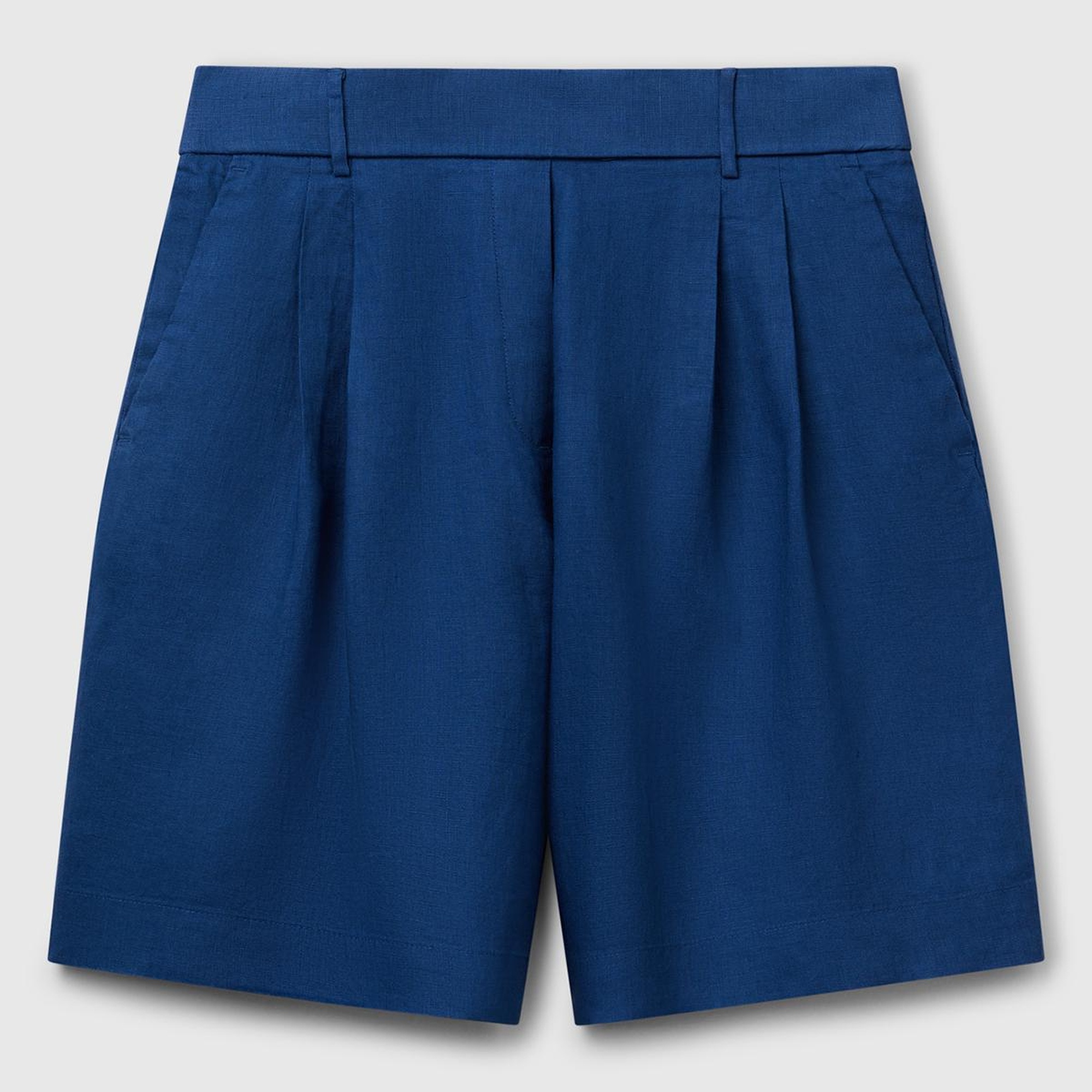 Kadın Denim %100 Keten Arka Beli Lastikli Pileli Relax Fit Bermuda Şort