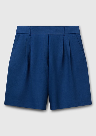  Kadın Denim %100 Keten Arka Beli Lastikli Pileli Relax Fit Bermuda Şort