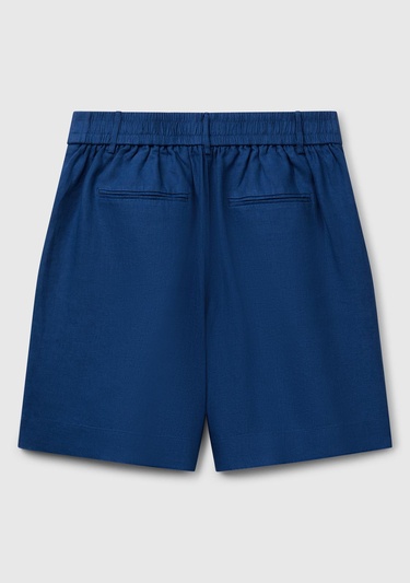  Kadın Denim %100 Keten Arka Beli Lastikli Pileli Relax Fit Bermuda Şort