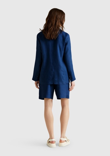  Kadın Denim %100 Keten Arka Beli Lastikli Pileli Relax Fit Bermuda Şort