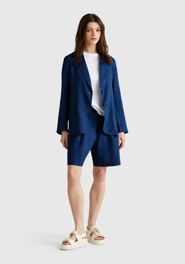  Kadın Denim %100 Keten Arka Beli Lastikli Pileli Relax Fit Bermuda Şort