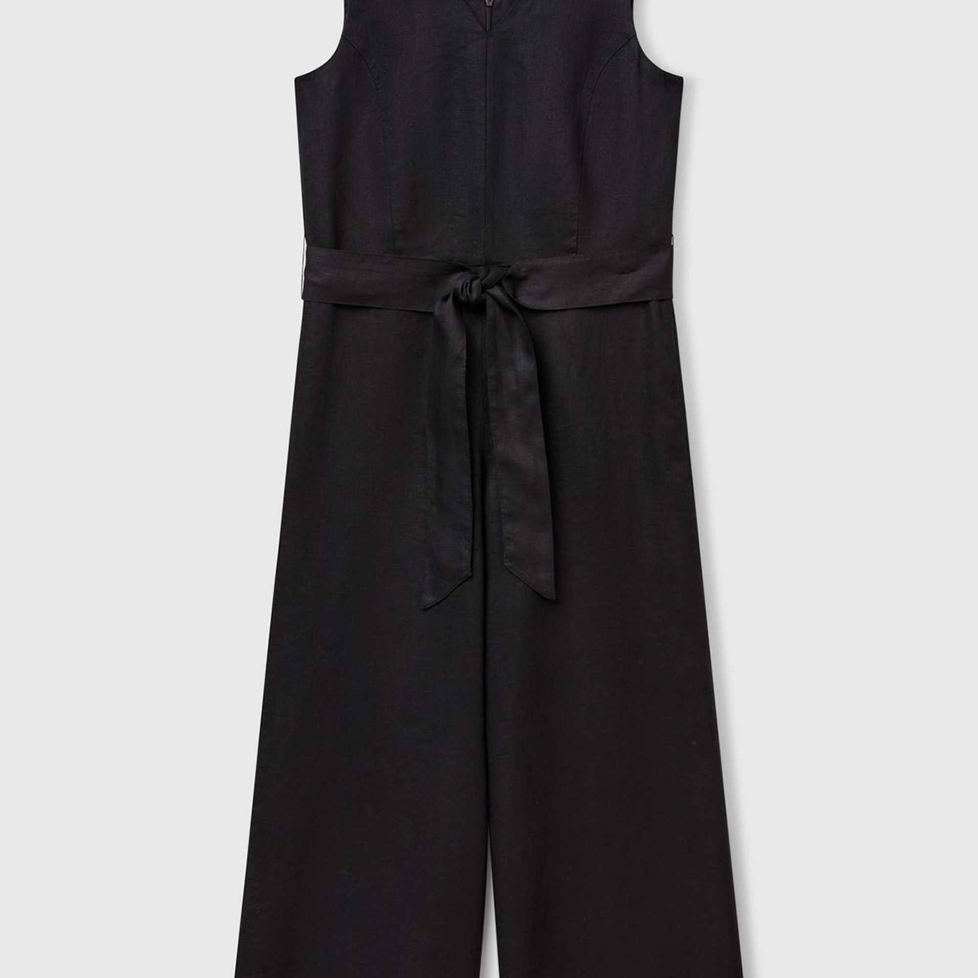 Kadın Siyah %100 Keten Kuşaklı Bedeni Oturan Wide Leg V Yaka Tulum