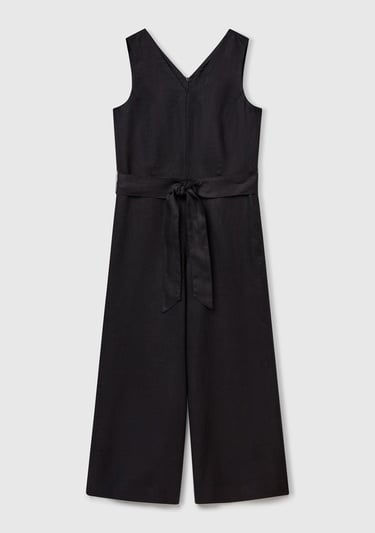  Kadın Siyah %100 Keten Kuşaklı Bedeni Oturan Wide Leg V Yaka Tulum