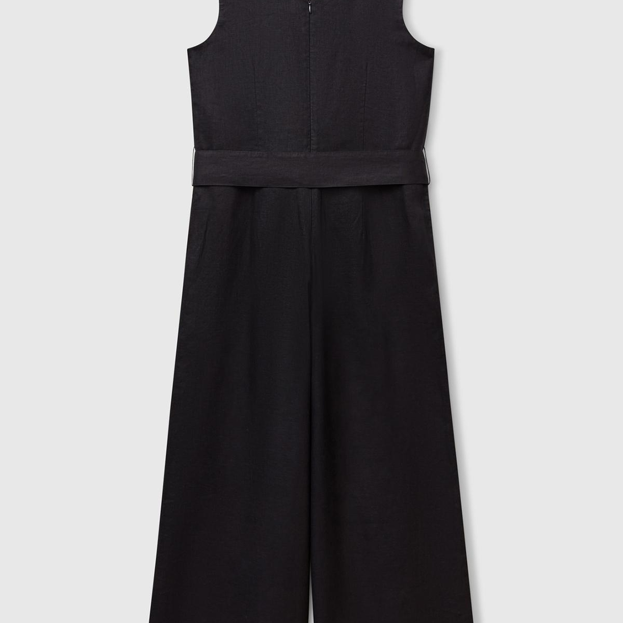 Kadın Siyah %100 Keten Kuşaklı Bedeni Oturan Wide Leg V Yaka Tulum