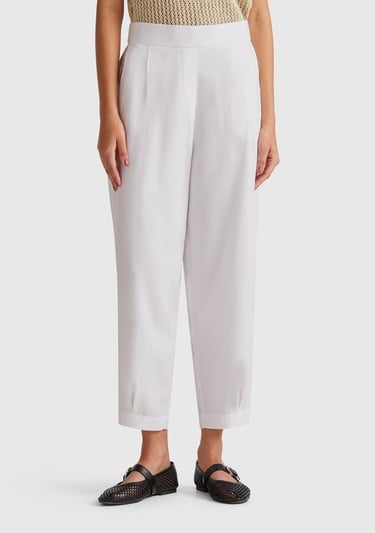  Kadın Beyaz %100 Liyosel Beli Lastikli Balon Fit Pantolon