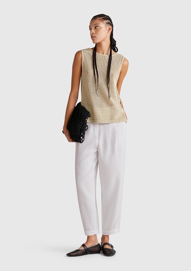  Kadın Beyaz %100 Liyosel Beli Lastikli Balon Fit Pantolon