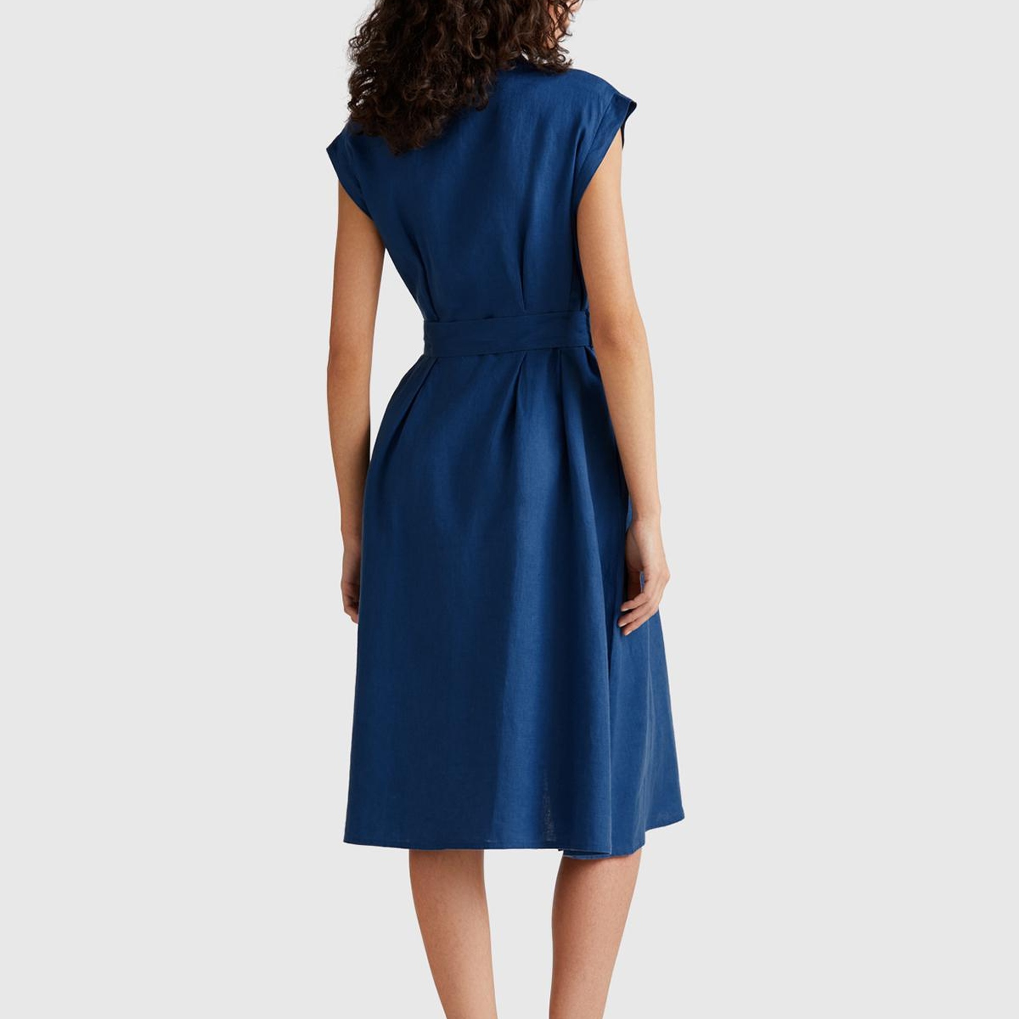 Kadın Denim %100 Keten Pileli Çıkarılabilir Kuşaklı Gömlek Elbise