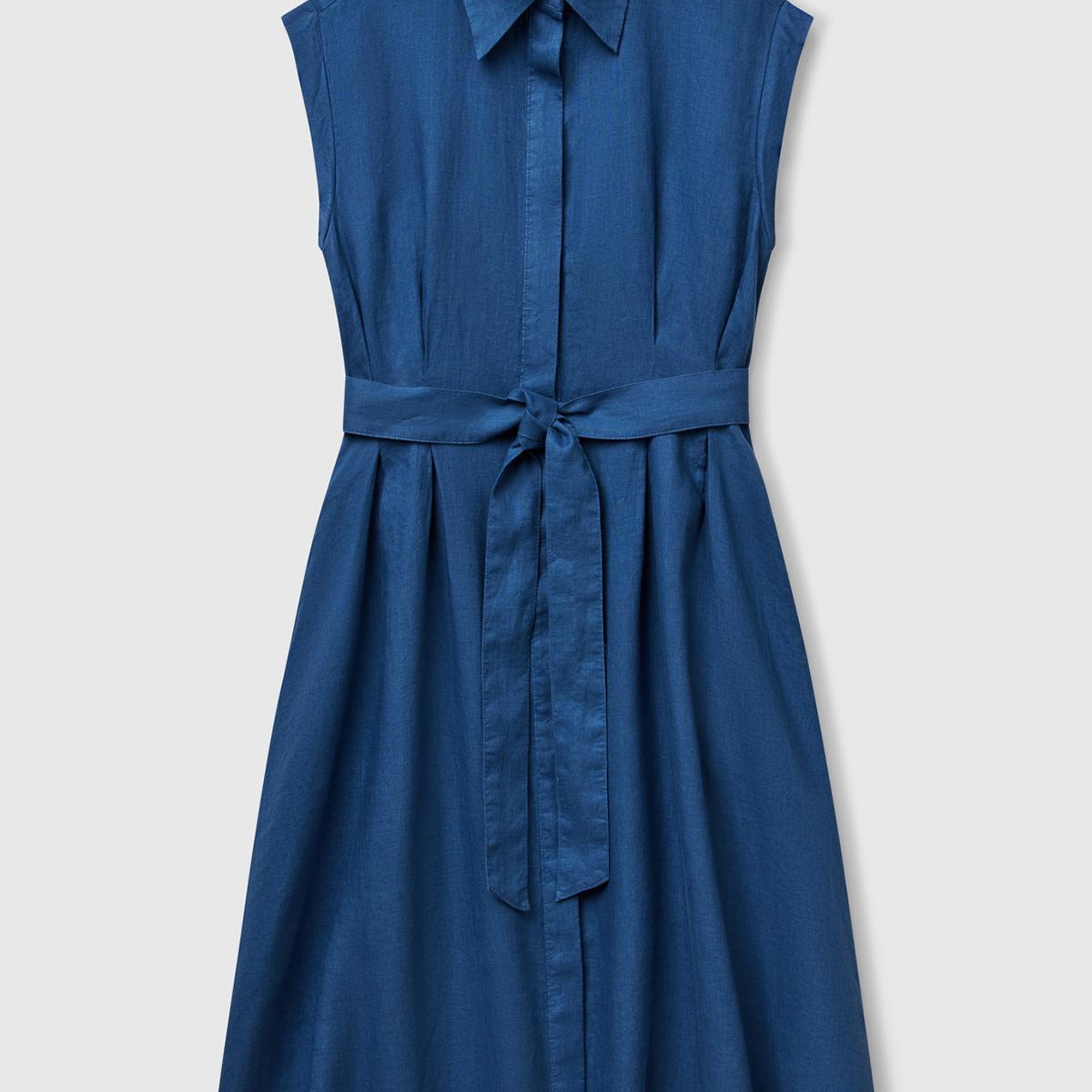 Kadın Denim %100 Keten Pileli Çıkarılabilir Kuşaklı Gömlek Elbise