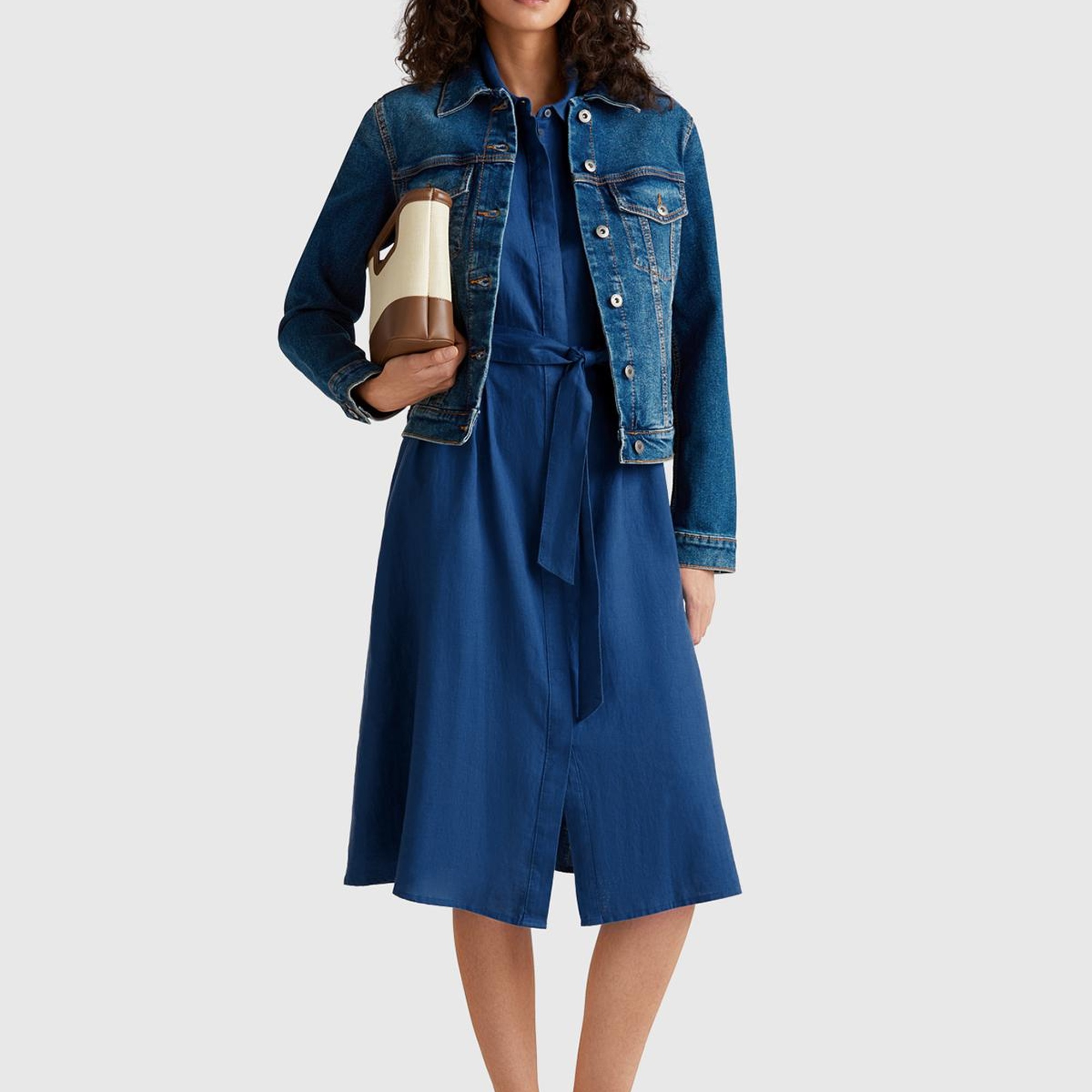 Kadın Denim %100 Keten Pileli Çıkarılabilir Kuşaklı Gömlek Elbise