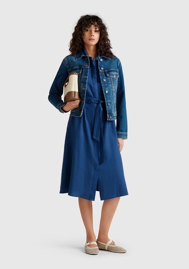  Kadın Denim %100 Keten Pileli Çıkarılabilir Kuşaklı Gömlek Elbise