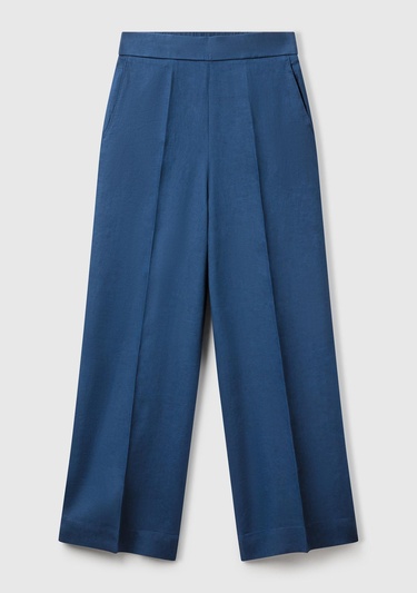  Kadın Denim %100 Keten Yan Cepli Arka Beli Lastikli Palazzo Pantolon