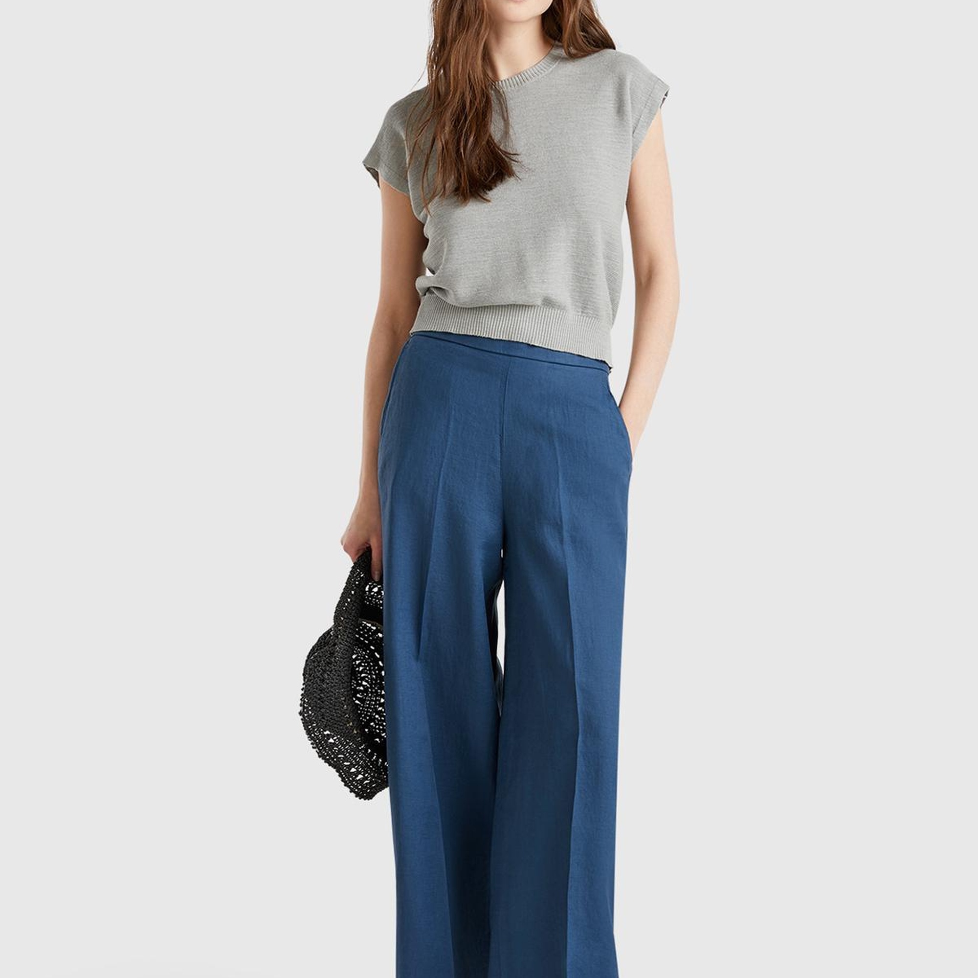 Kadın Denim %100 Keten Yan Cepli Arka Beli Lastikli Palazzo Pantolon