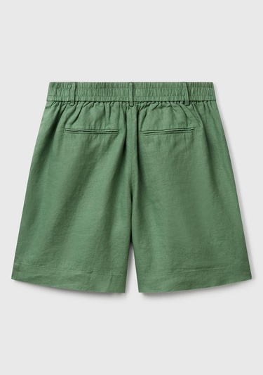  Kadın Açık Yeşil %100 Keten Arka Beli Lastikli Pileli Relax Fit Bermuda Şort