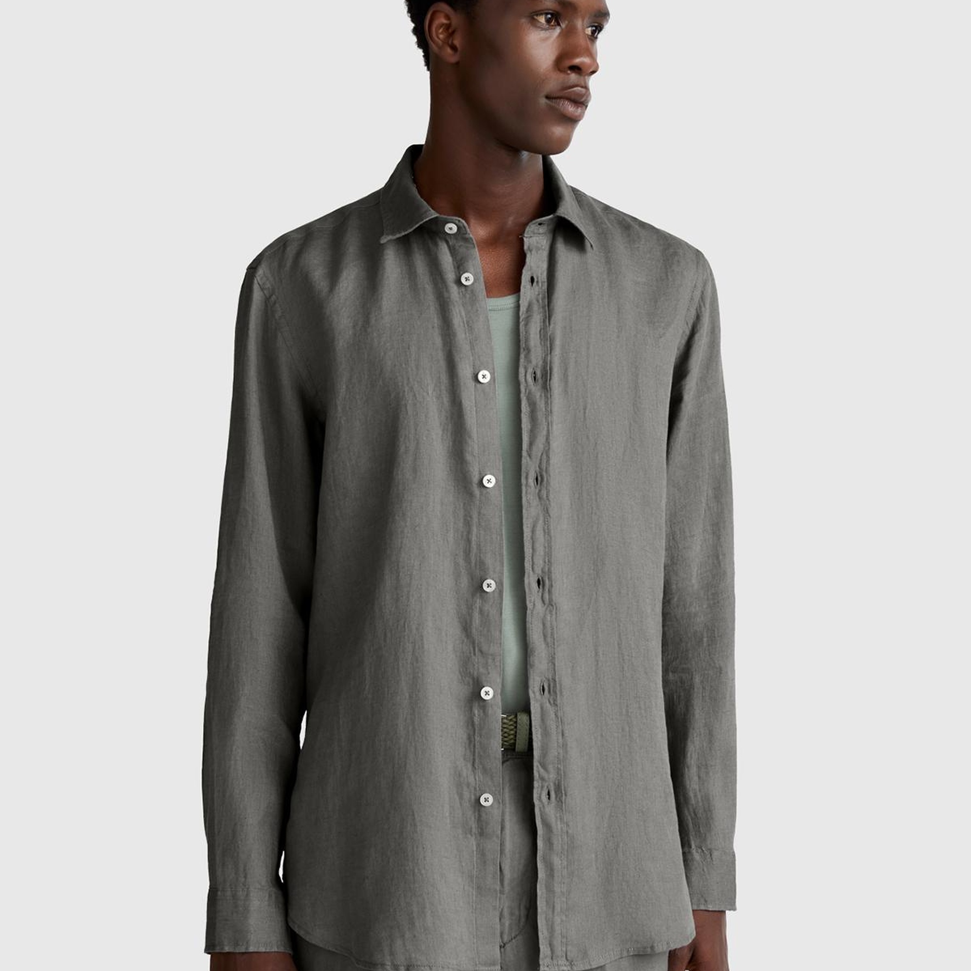 Erkek Gri %100 Keten Gömlek