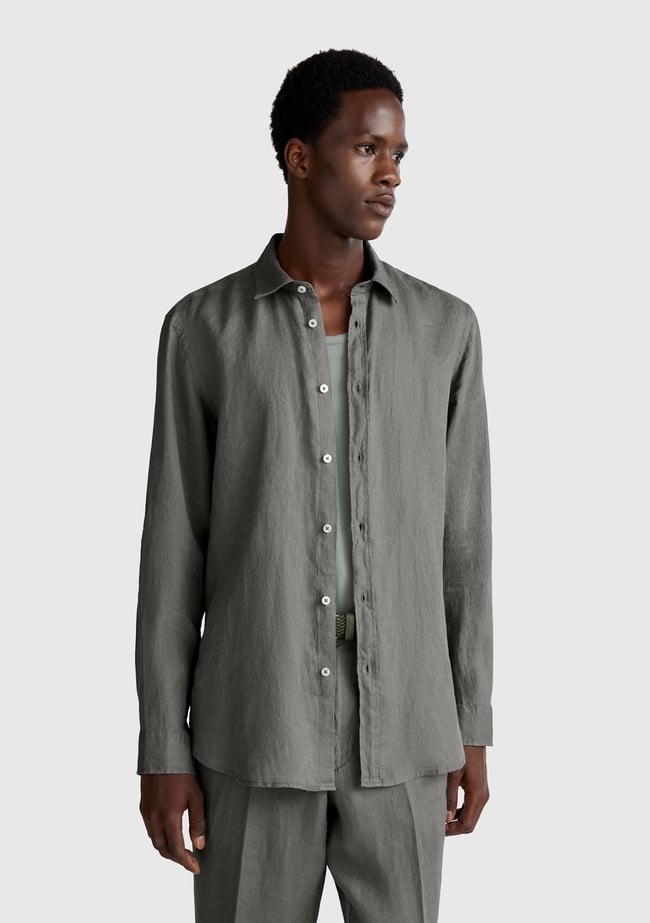  Erkek Gri %100 Keten Gömlek
