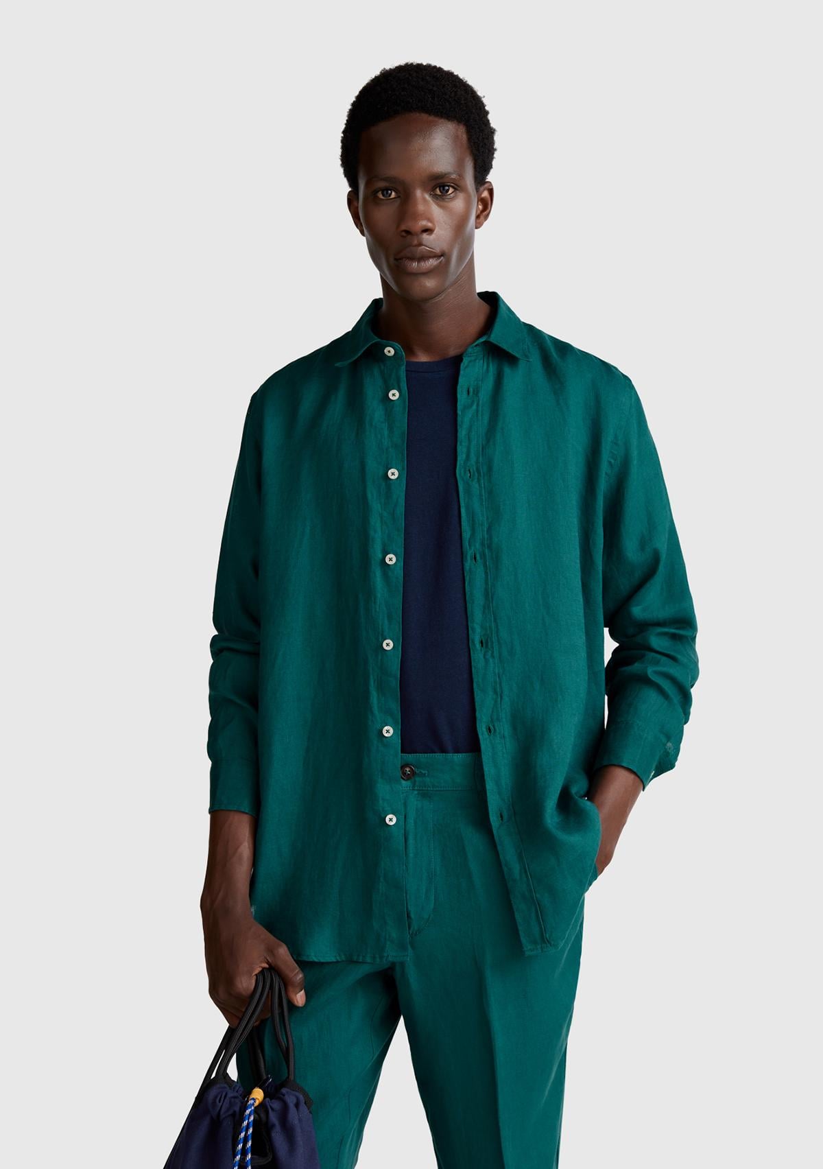  Erkek Yeşil %100 Keten Gömlek