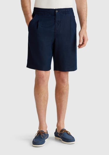  Erkek Lacivert %100 Keten Büzgü İpli Düğmeli Pile Detaylı Bermuda Şort