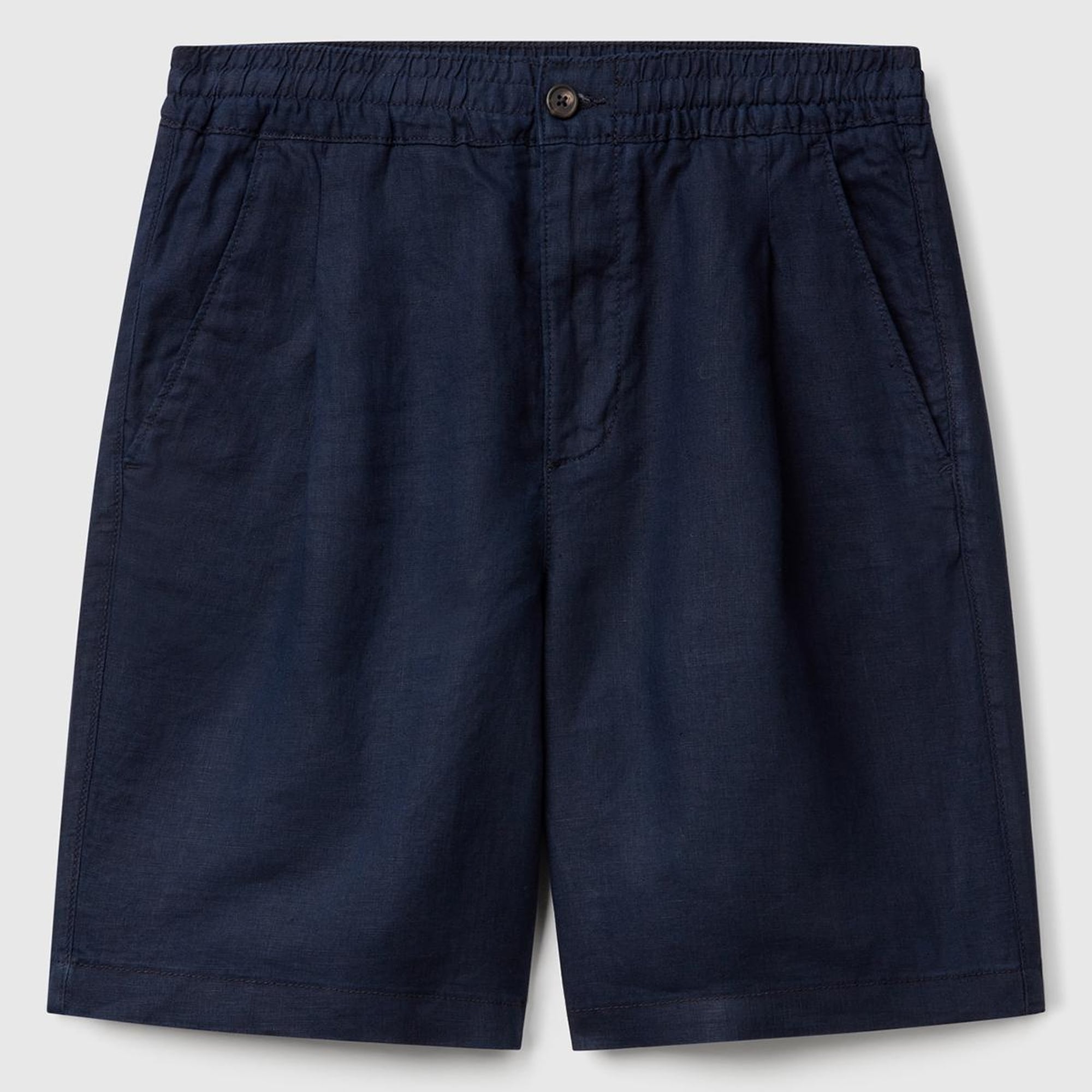 Erkek Lacivert %100 Keten Büzgü İpli Düğmeli Pile Detaylı Bermuda Şort