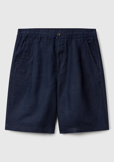 Erkek Lacivert %100 Keten Büzgü İpli Düğmeli Pile Detaylı Bermuda Şort