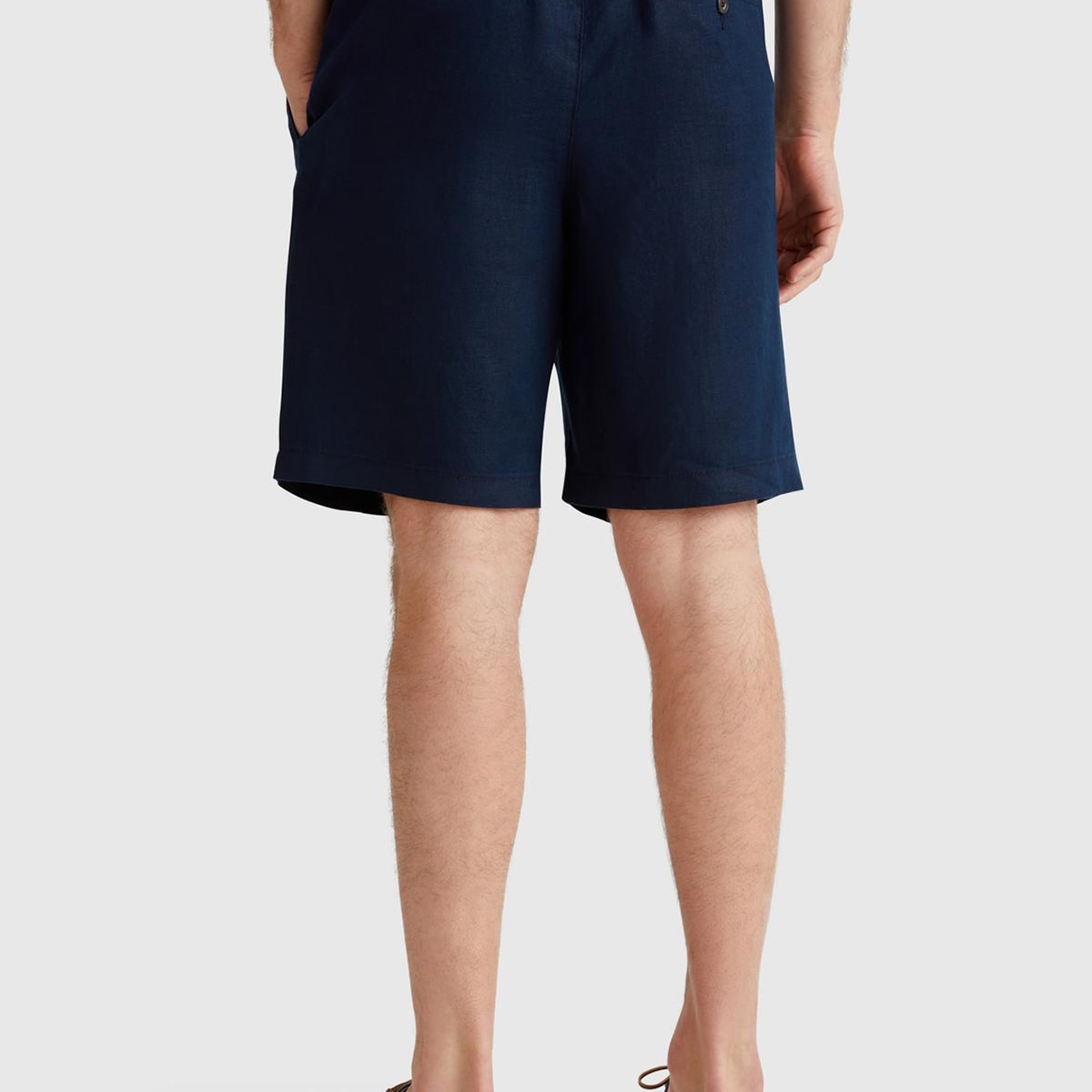 Erkek Lacivert %100 Keten Büzgü İpli Düğmeli Pile Detaylı Bermuda Şort