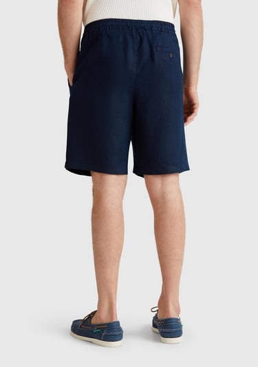  Erkek Lacivert %100 Keten Büzgü İpli Düğmeli Pile Detaylı Bermuda Şort