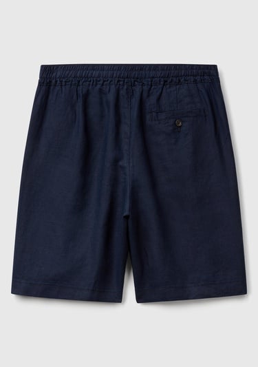  Erkek Lacivert %100 Keten Büzgü İpli Düğmeli Pile Detaylı Bermuda Şort