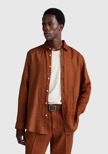  Erkek Koyu Kahverengi %100 Keten Gömlek