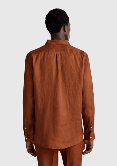  Erkek Koyu Kahverengi %100 Keten Gömlek