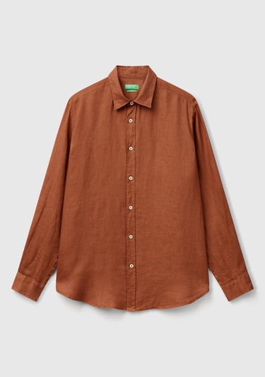  Erkek Koyu Kahverengi %100 Keten Gömlek