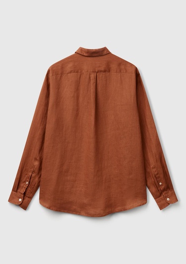 Erkek Koyu Kahverengi %100 Keten Gömlek