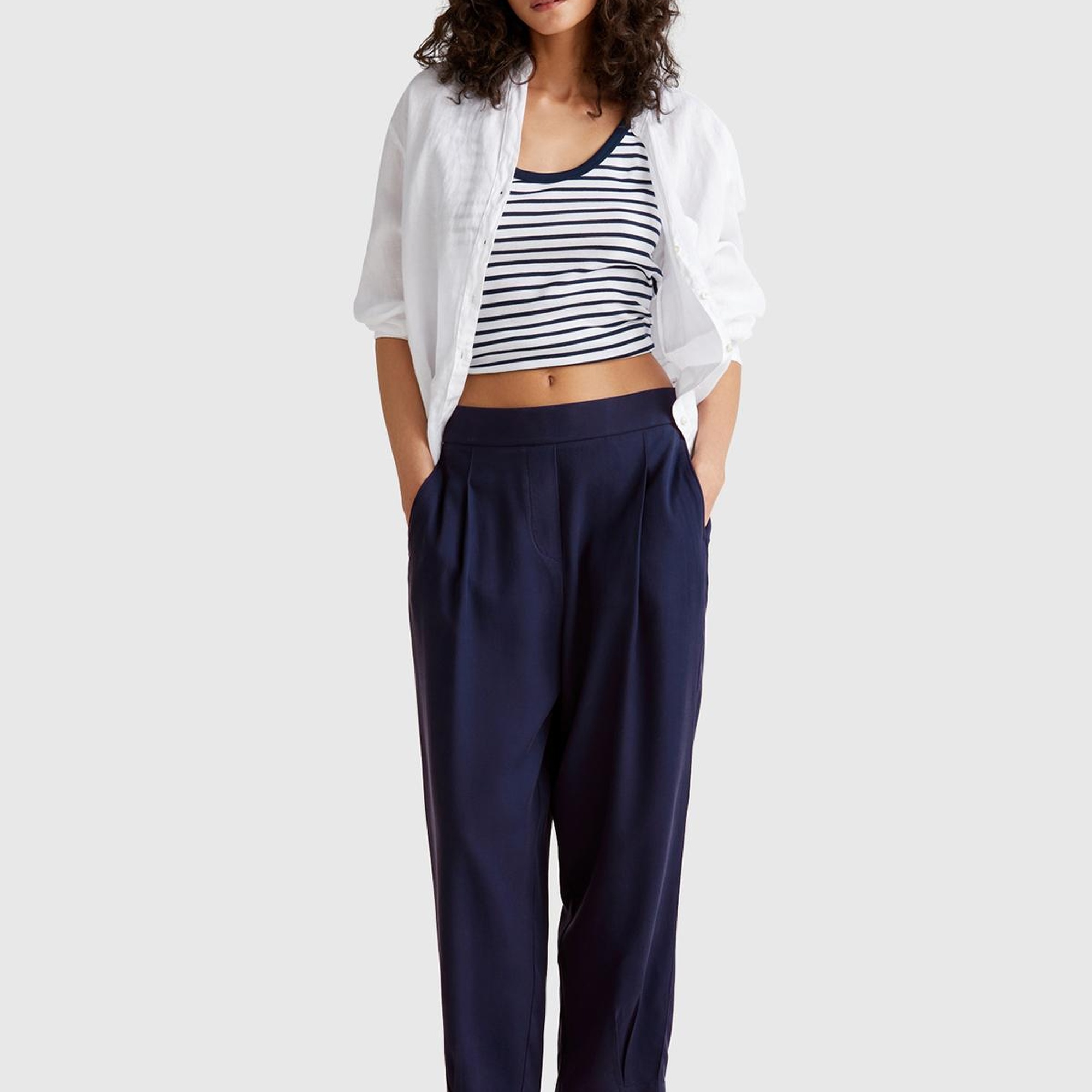 Kadın Lacivert %100 Liyosel Beli Lastikli Balon Fit Pantolon