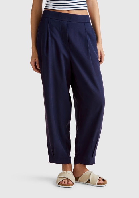  Kadın Lacivert %100 Liyosel Beli Lastikli Balon Fit Pantolon