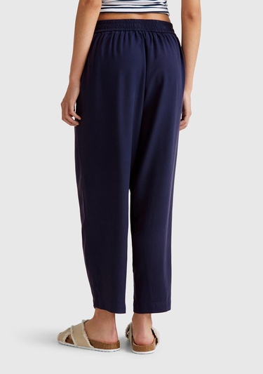  Kadın Lacivert %100 Liyosel Beli Lastikli Balon Fit Pantolon