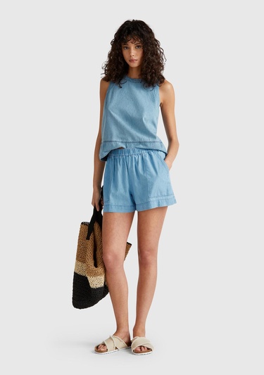  Kadın Açık Mavi %100 Koton Beli Lastikli Şamre Mini Şort