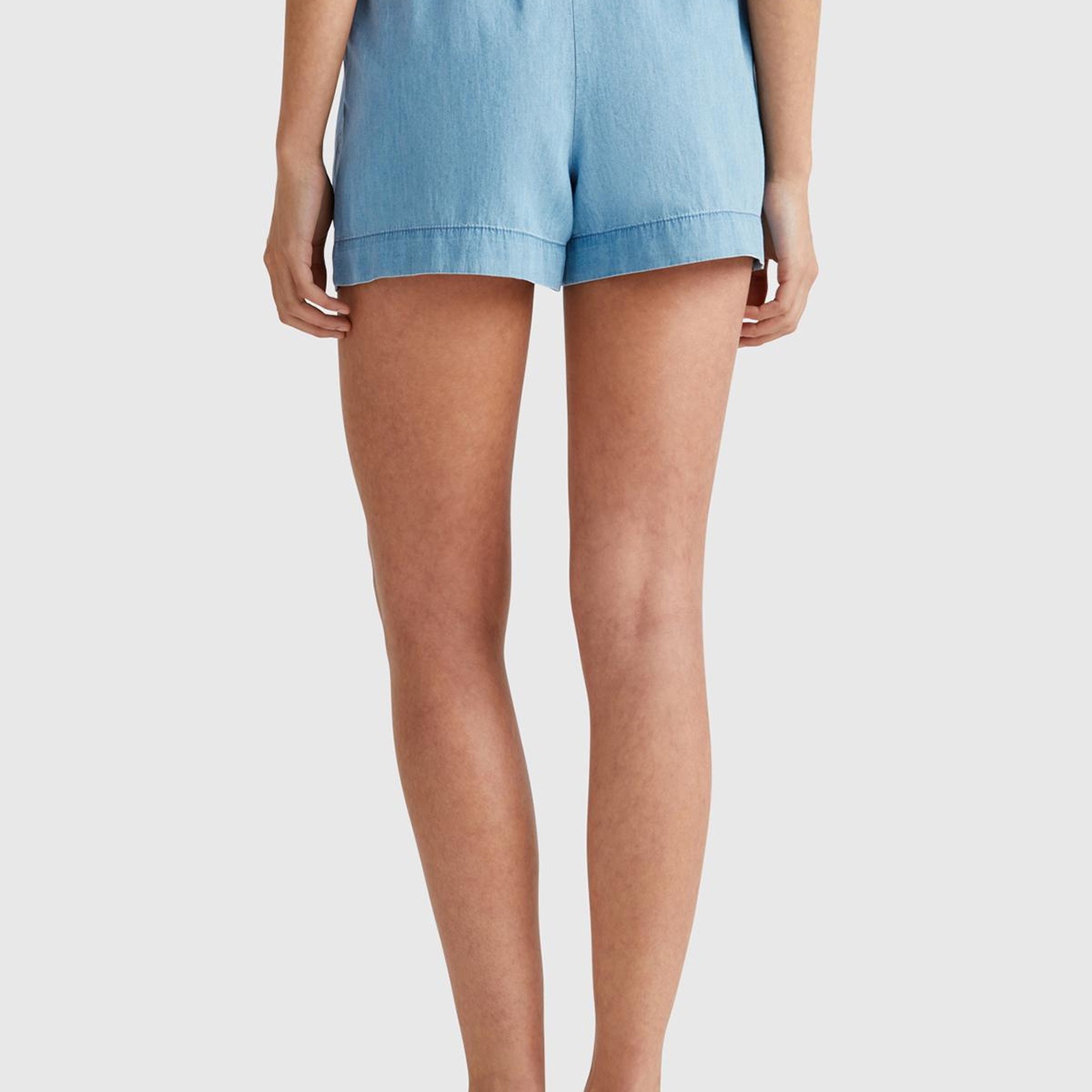 Kadın Açık Mavi %100 Koton Beli Lastikli Şamre Mini Şort