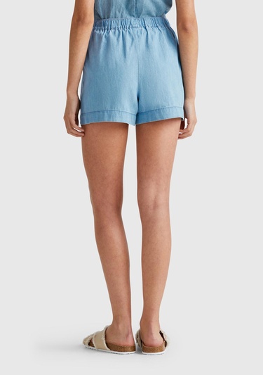  Kadın Açık Mavi %100 Koton Beli Lastikli Şamre Mini Şort