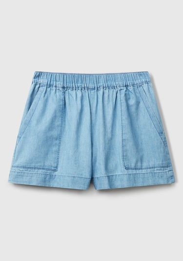  Kadın Açık Mavi %100 Koton Beli Lastikli Şamre Mini Şort