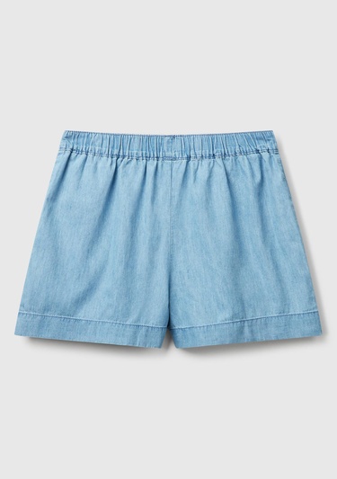  Kadın Açık Mavi %100 Koton Beli Lastikli Şamre Mini Şort