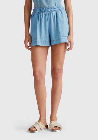  Kadın Açık Mavi %100 Koton Beli Lastikli Şamre Mini Şort