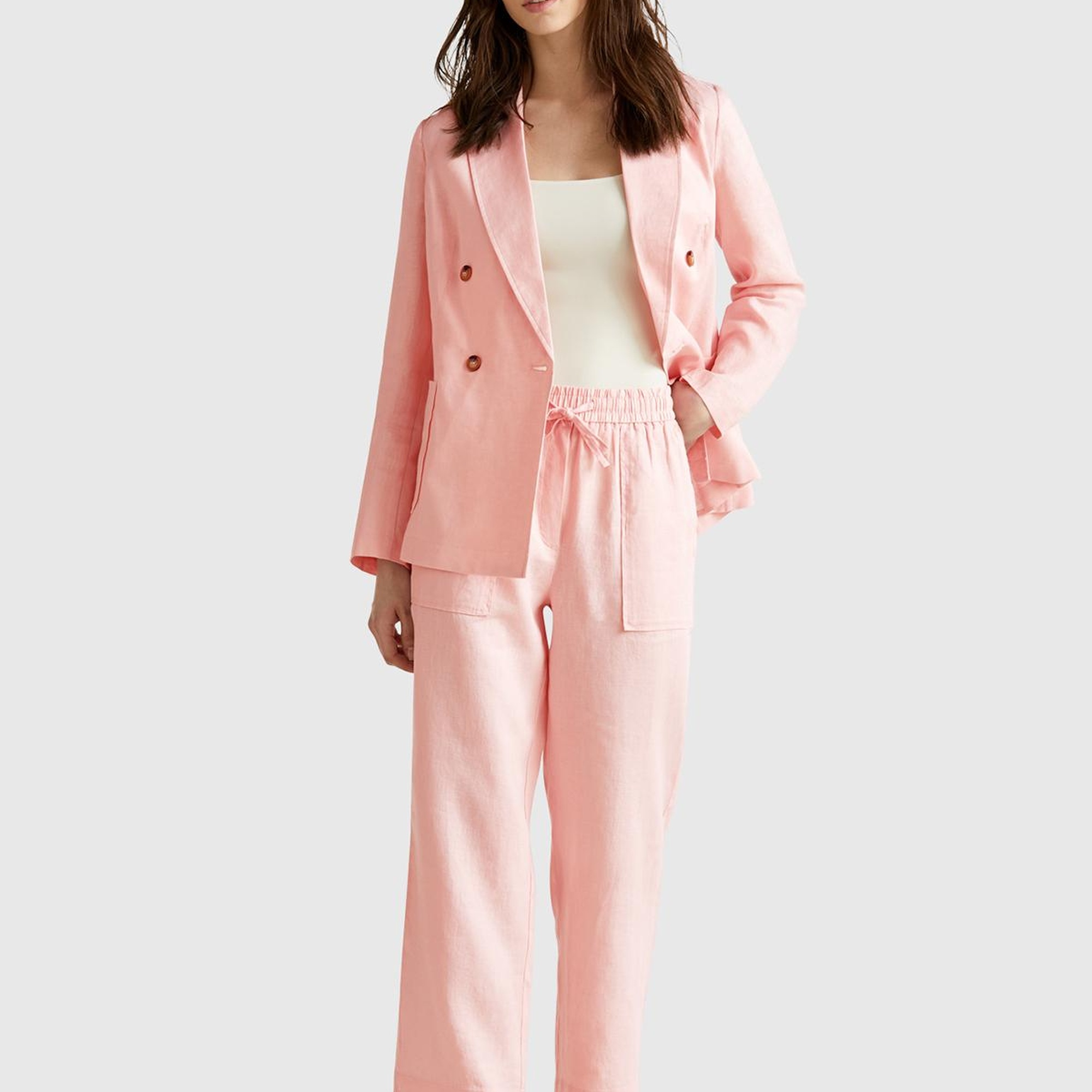 Kadın Pembe %100 Keten Büzgü İpli Cepli  Pantolon