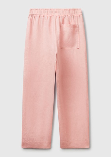  Kadın Pembe %100 Keten Büzgü İpli Cepli  Pantolon